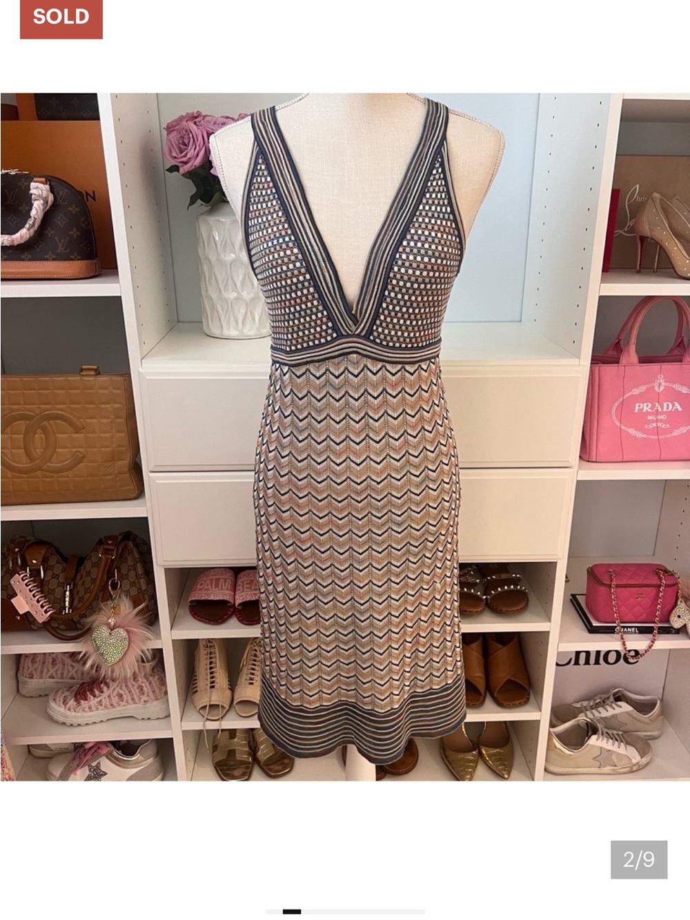 Missoni Chevron Knit V-Neck Midi Dress in Beige & Black